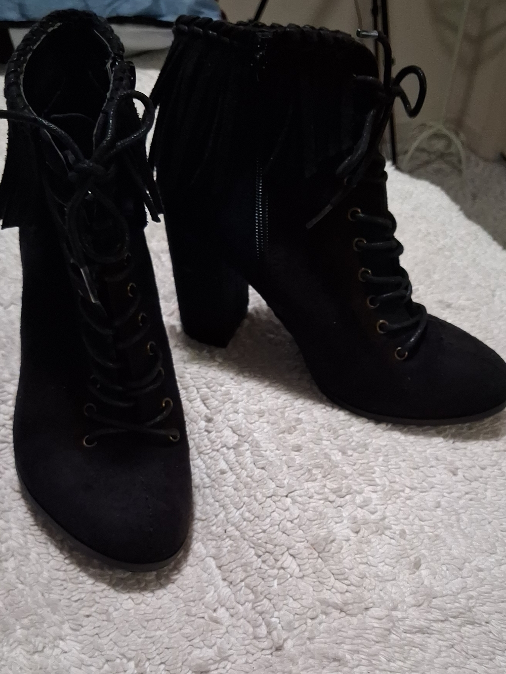 Cato Black Fringe Lace-Up Block Heel Ankle Boots